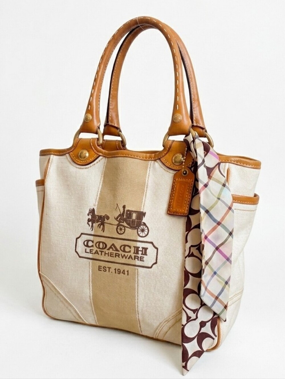 ​Coach 2007 Heritage Stripe Canvas Tattersall Tote Bag #11791 w/ Silk Scarf